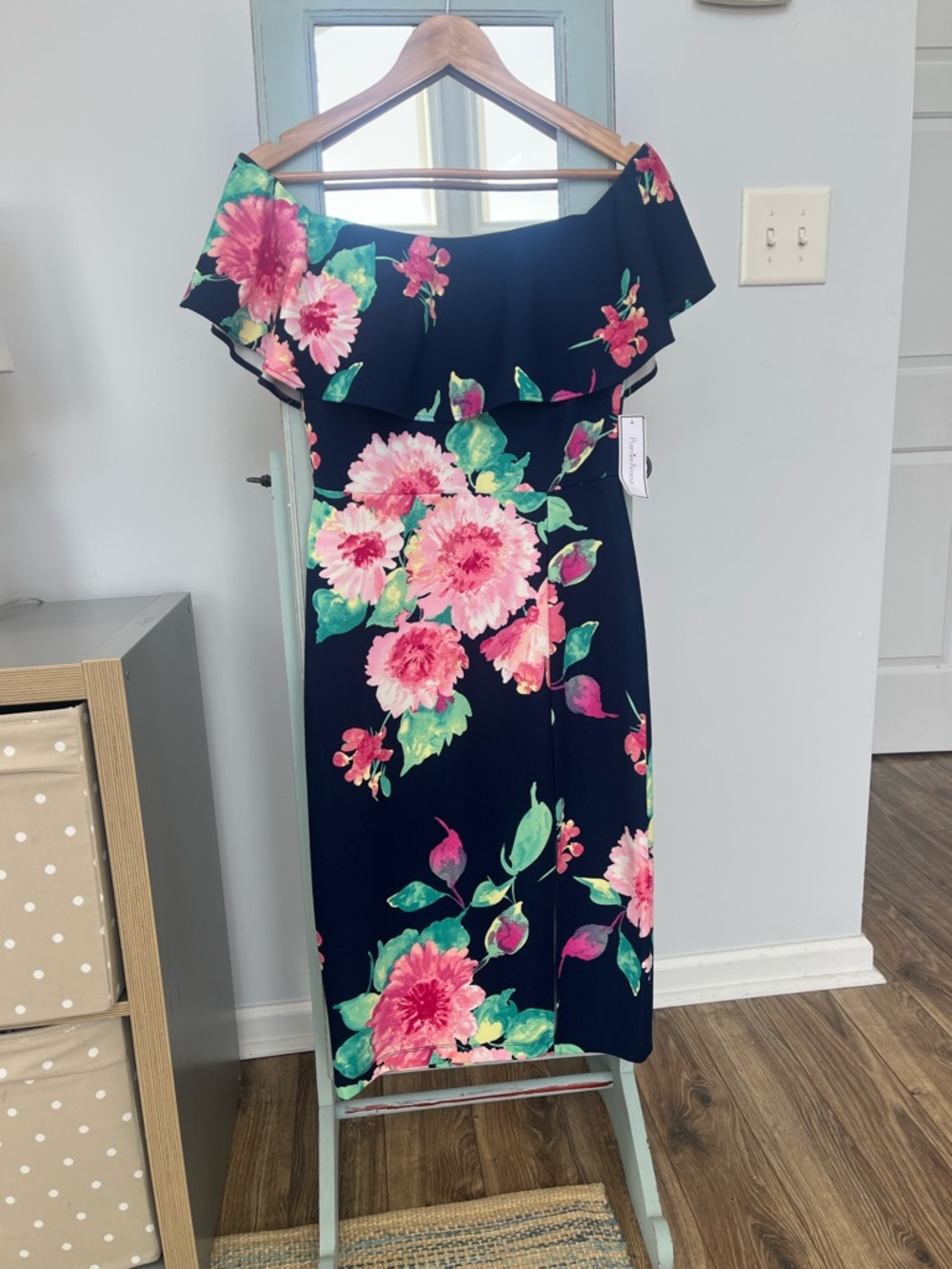 Navy One-Shoulder Floral Midi Dress - Pink & Green Blooms